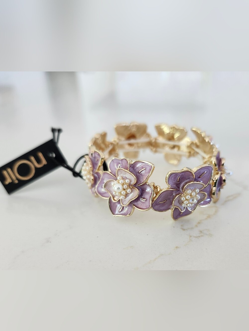 nOir Gold-tone Floral Purple enamel & White pearl accents